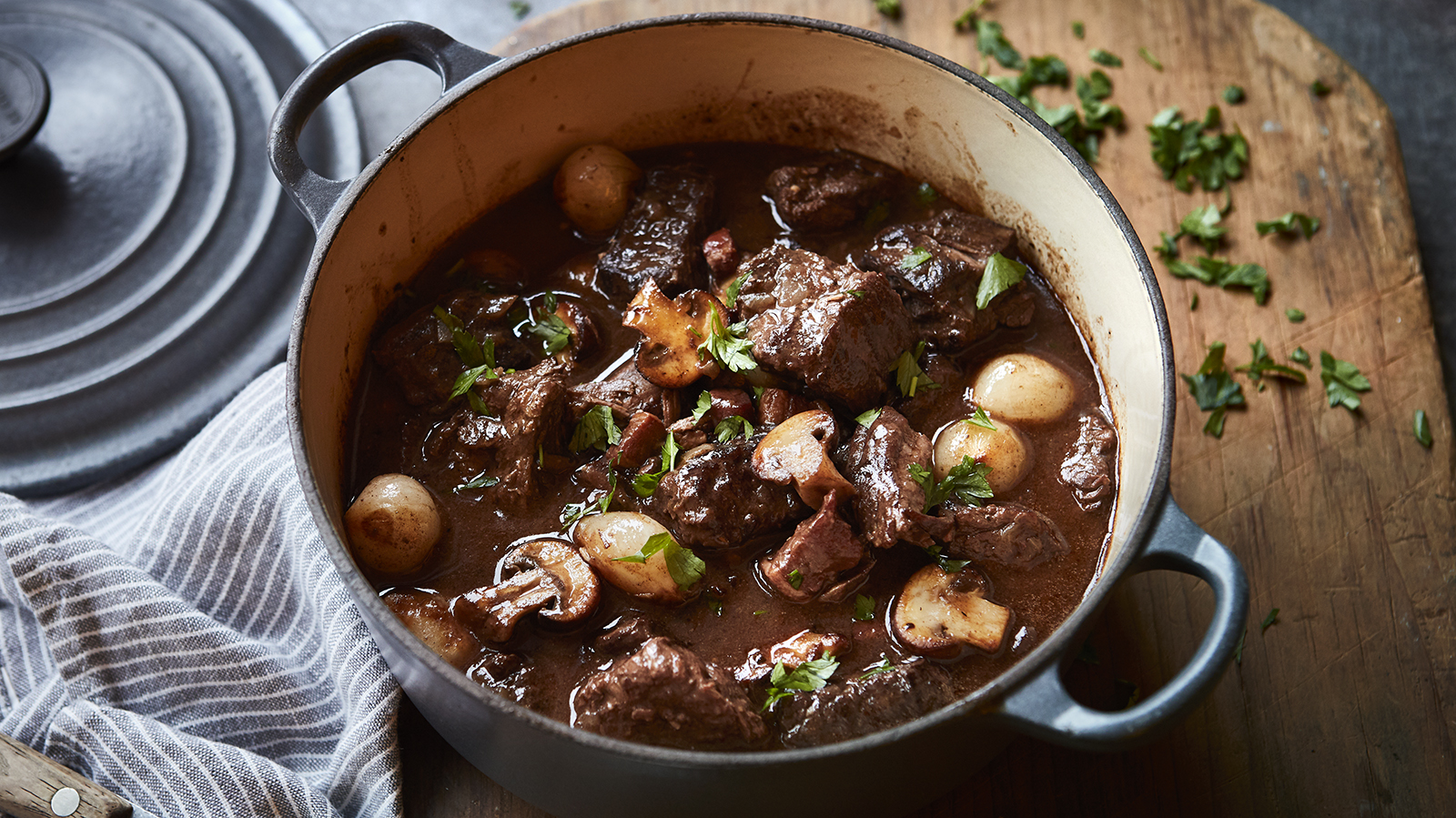 Beef Bourguignon — a plated private dinner course