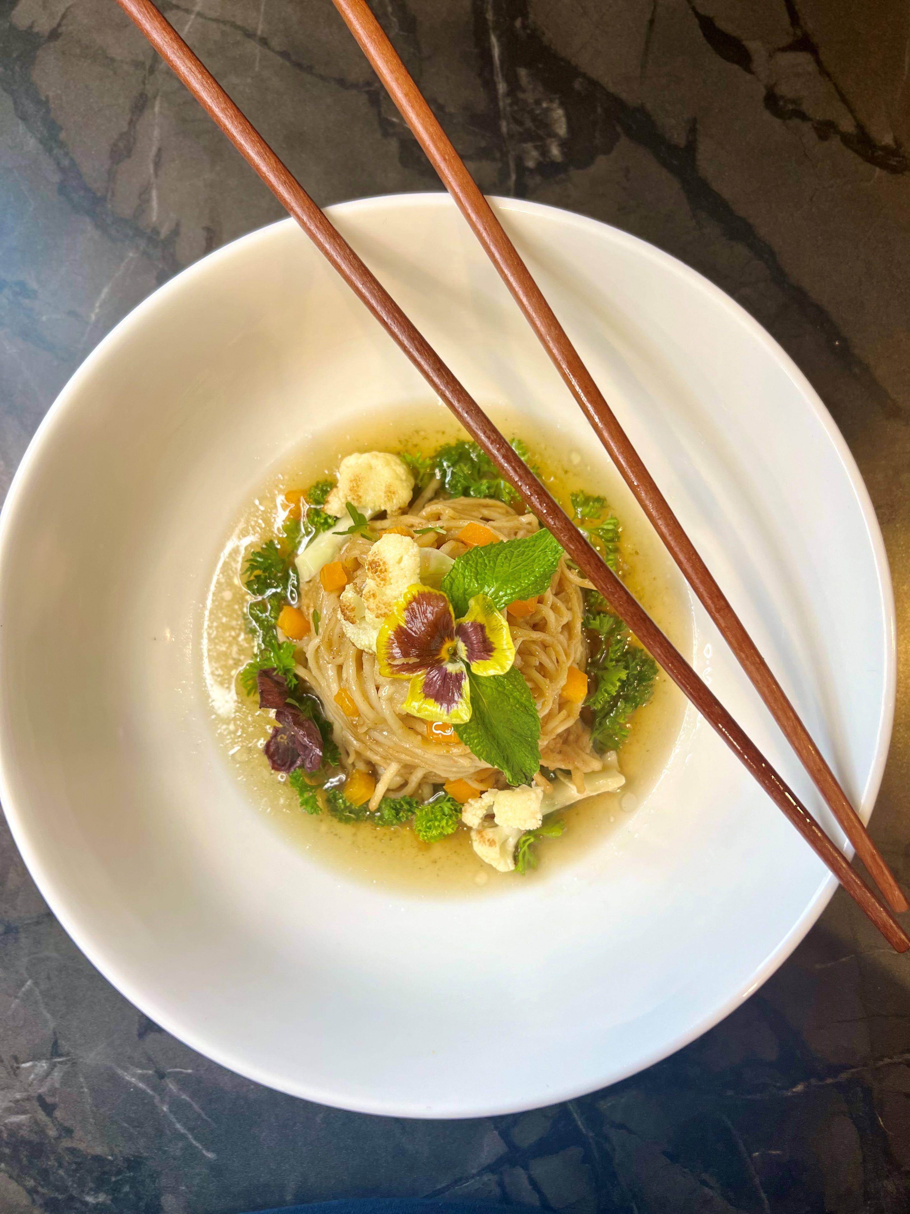 Brown miso noodles with seasonal vegetables